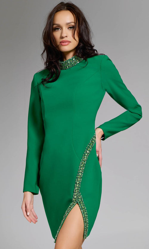 Jovani 42008 - Long Sleeve Beaded Trim Short Dress