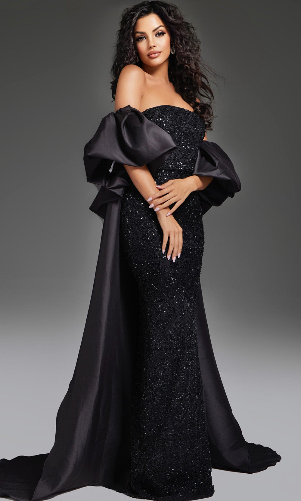 Jovani 42137 - Beaded Sheath Gown with Detachable Cape