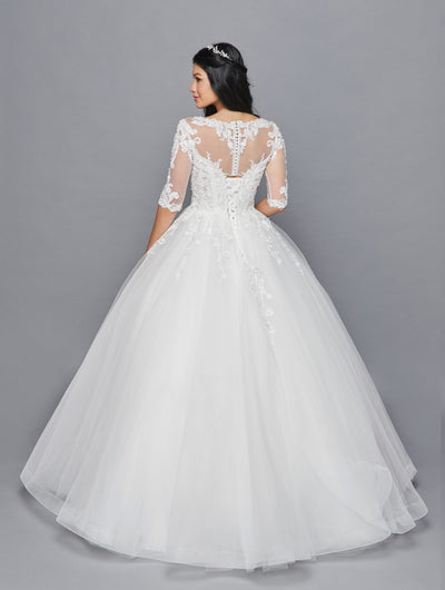 DeKlaire Bridal 421 Mid-Length Sleeve A-Line Wedding Gown Illusion Boat Neckline Beaded Lace