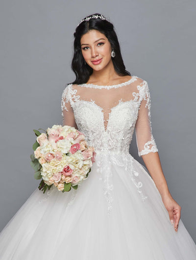 DeKlaire Bridal 421 Mid-Length Sleeve A-Line Wedding Gown Illusion Boat Neckline Beaded Lace