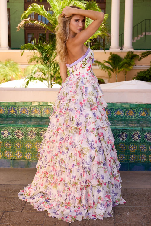 Ava Presley 42208 Floral A-Line Sweetheart Cutout Tie Skirt Ruffled Chiffon Dress