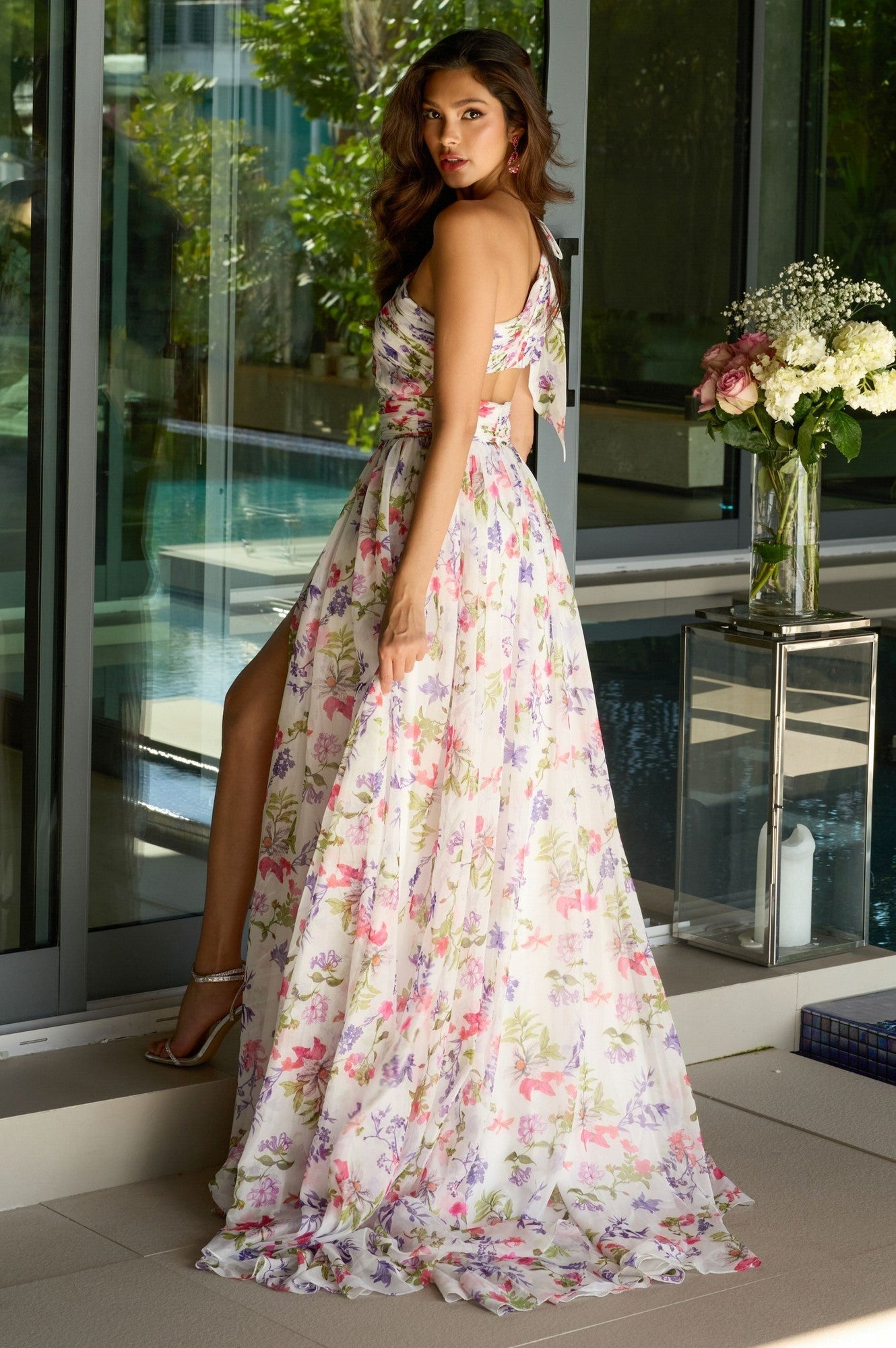 Ava Presley 42237 Floral Long A-Line One-Shoulder Cutout Ruched Prom Chiffon Dress