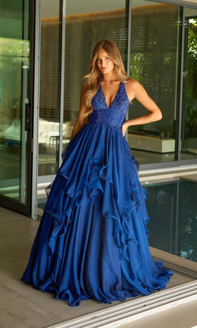 Ava Presley 42238 Classic Sparkly Long A-Line Halter V-Neck Dress