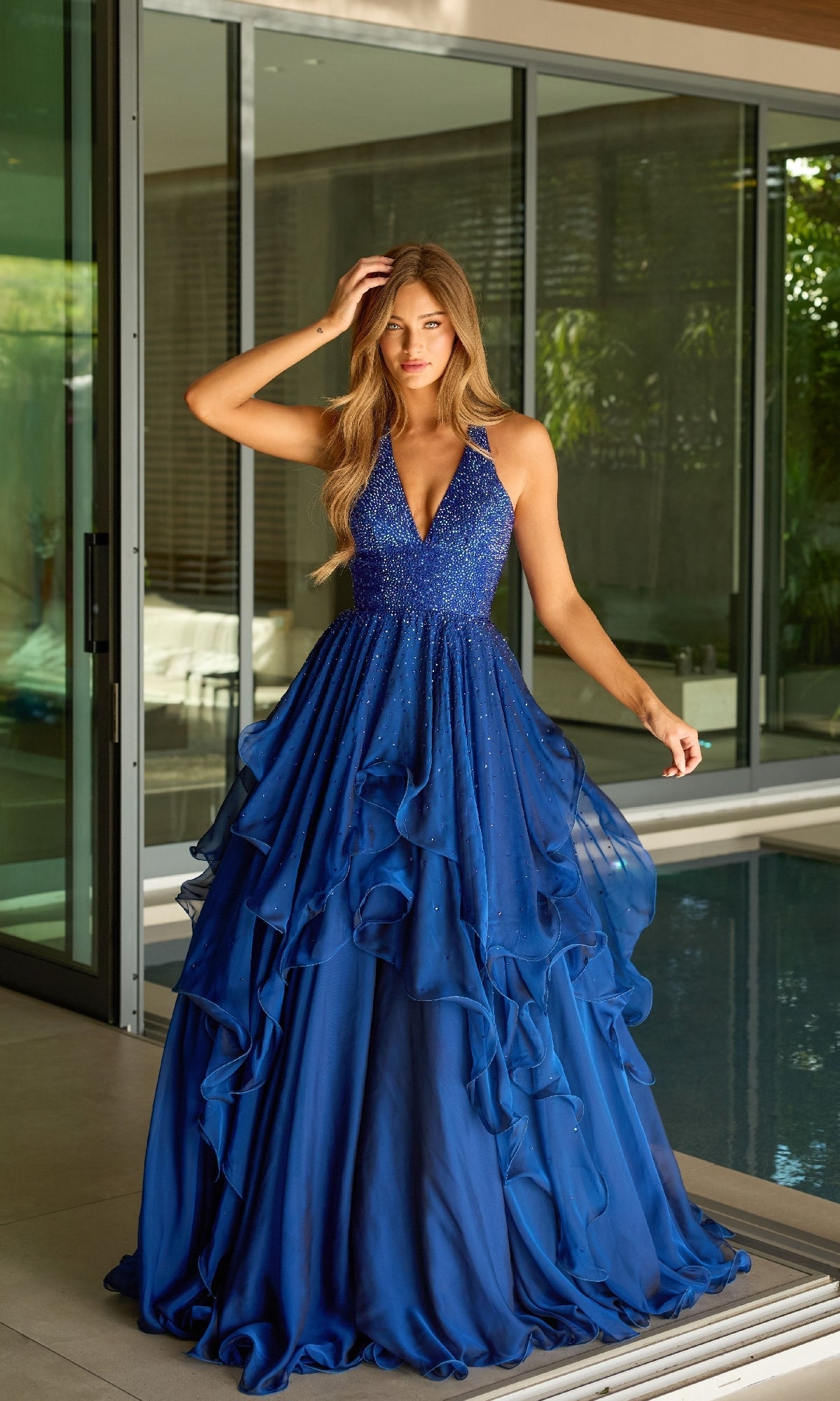 Ava Presley 42238 Classic Sparkly Long A-Line Halter V-Neck Dress