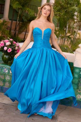 Ava Presley 42261 Long A-Line Fitted Strapless Ruched Prom Taffeta Dress