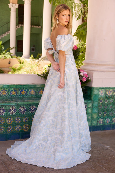 Ava Presley 42267 Short A-Line Fitted Off-Shoulder V-Neck Appliqué Slit Brocade Dress