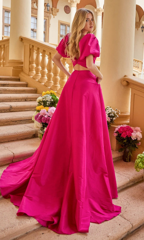 Ava Presley 42269 Classic Modern Long Short A-Line V-Neck Slit Taffeta Dress