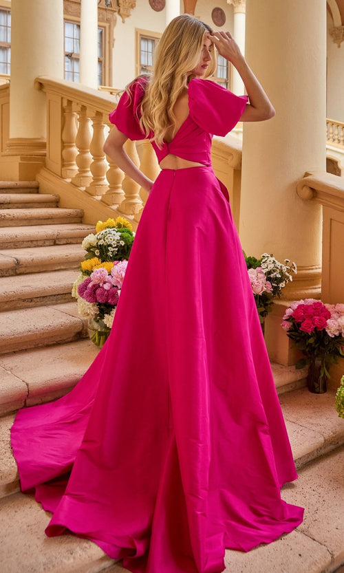 Ava Presley 42269 Classic Modern Long Short A-Line V-Neck Slit Taffeta Dress