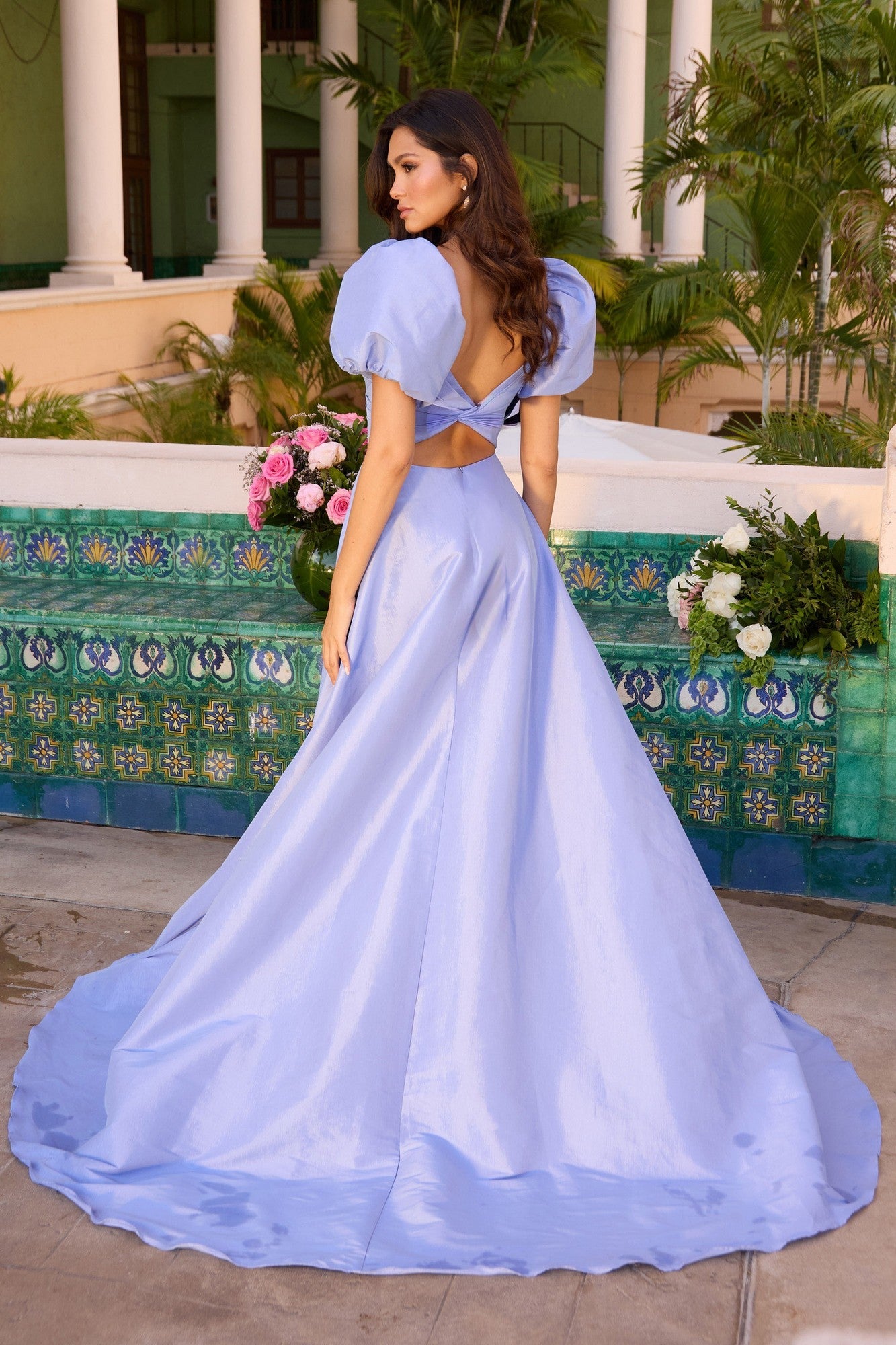 Ava Presley 42269 Classic Modern Long Short A-Line V-Neck Slit Taffeta Dress