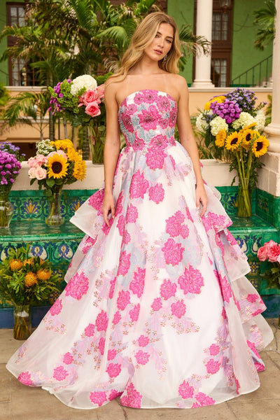 Ava Presley 42292 Floral Strapless Tie Skirt Designer Brocade Dress