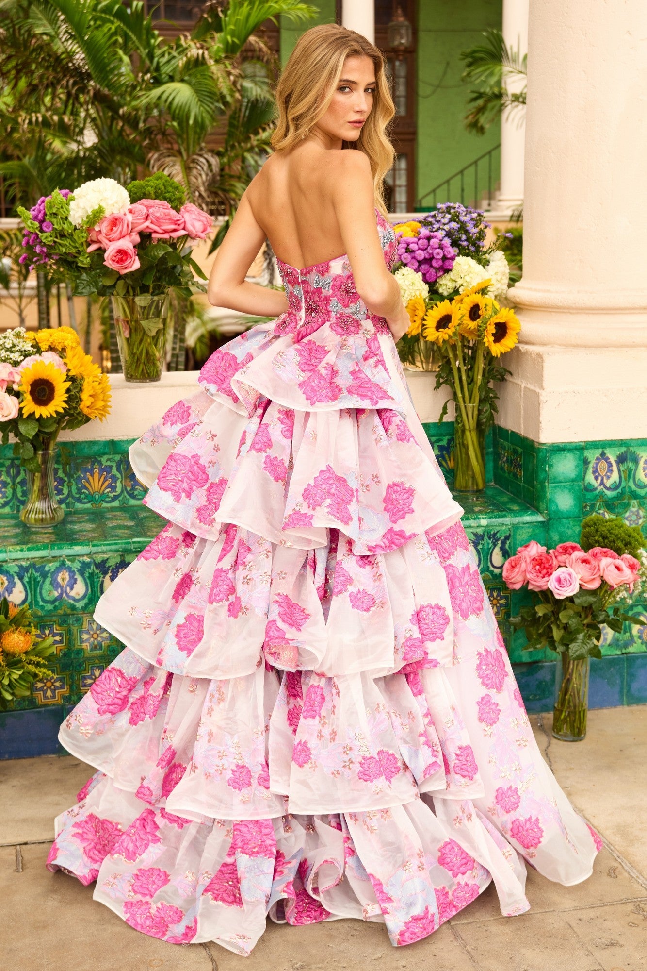 Ava Presley 42292 Floral Strapless Tie Skirt Designer Brocade Dress