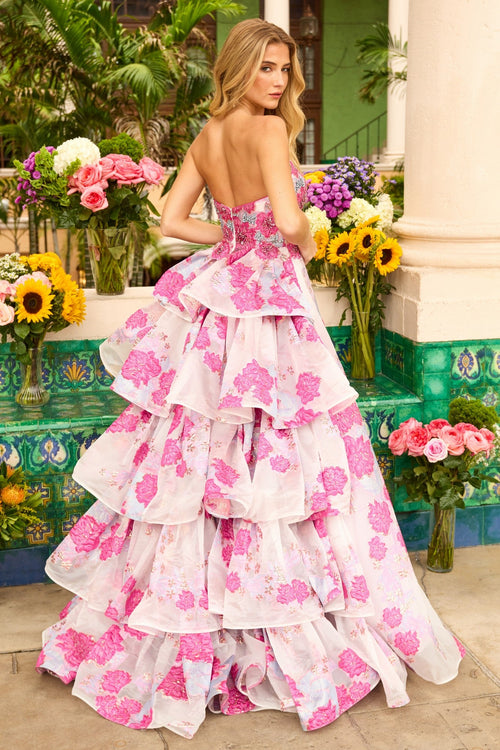 Ava Presley 42292 Floral Strapless Tie Skirt Designer Brocade Dress