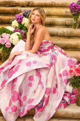 Ava Presley 42293 Stunning Bold Floral Long A-Line Strapless Jacquard Dress