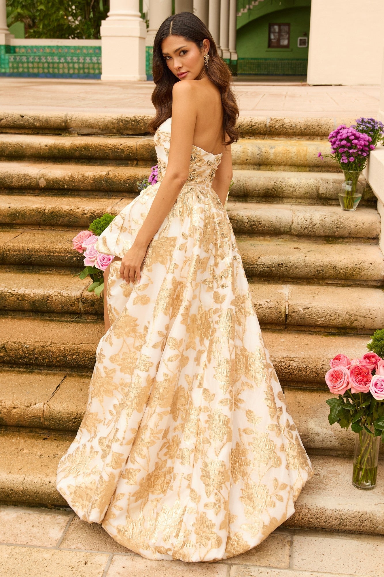 Ava Presley 42344 Floral A-Line Strapless Prom Elegant Metallic Dress
