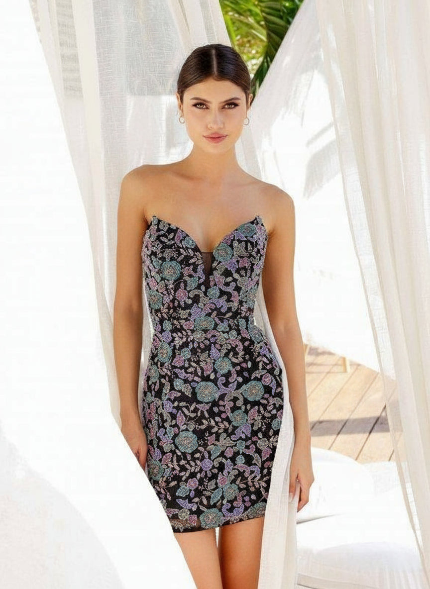 Cocktail Dresses Short Beaded Floral Homecoming Dress Black Multi