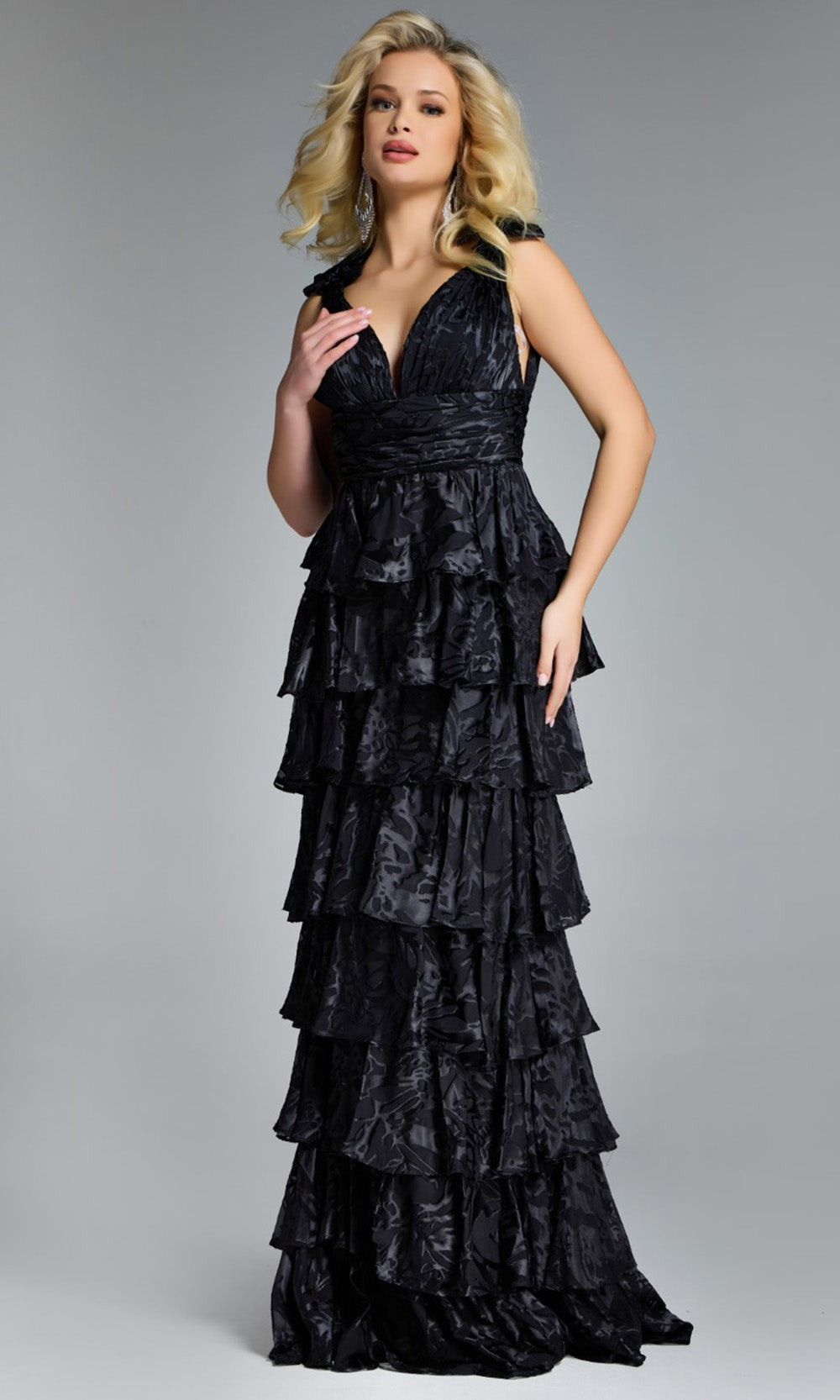 Jovani 42380 - Tiered Ruffle Deep V-Neck Evening Gown