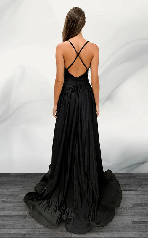 Jessica Angel JA423 V-Neck Spaghetti Strap Jumpsuit Fitted Open Back Court Train Jersey Dress