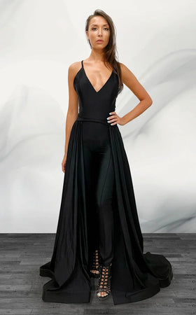 Jessica Angel JA423 V-Neck Spaghetti Strap Jumpsuit Fitted Open Back Court Train Jersey Dress