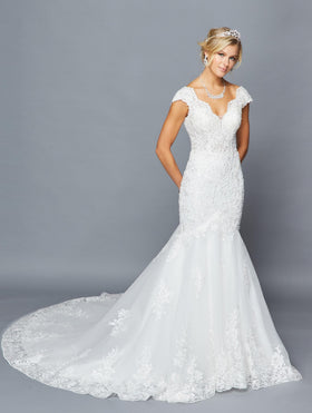 DeKlaire 423 Mermaid Wedding Dress with Scalloped V-Neckline, Illusion Panel & Chapel Train