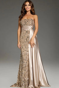 Strapless Sequin Evening Gown with Satin Waist Wrap & Open Back Formal Prom Dress by Jovani 42427