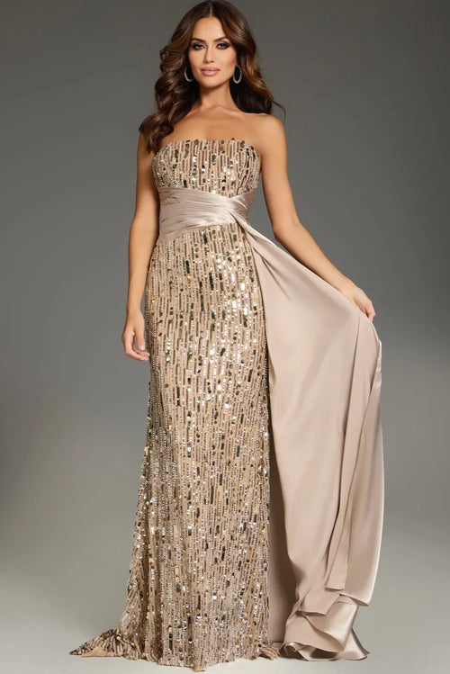 Strapless Sequin Evening Gown with Satin Waist Wrap & Open Back Formal Prom Dress by Jovani 42427