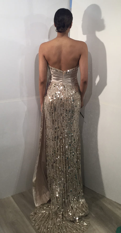 Strapless Sequin Evening Gown with Satin Waist Wrap & Open Back Formal Prom Dress by Jovani 42427