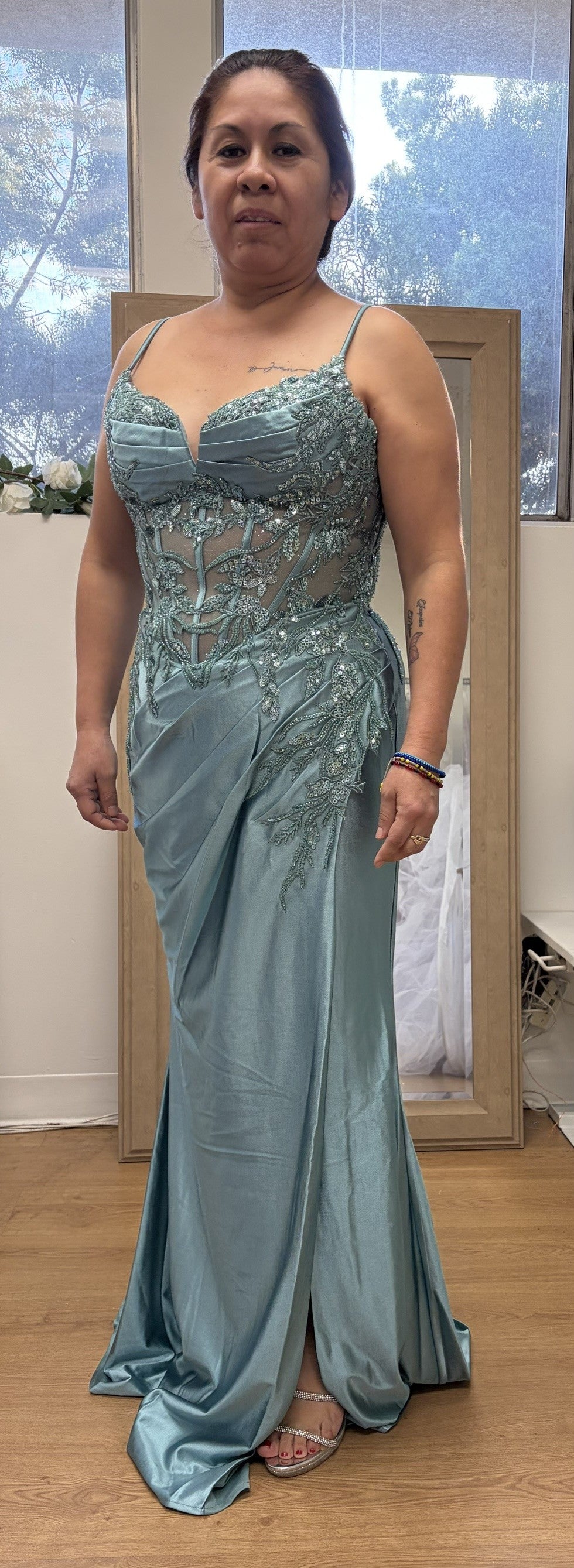 Elegant Embroidered Satin Prom Dress with High Slit & Corset Back By May Queen MQ2183