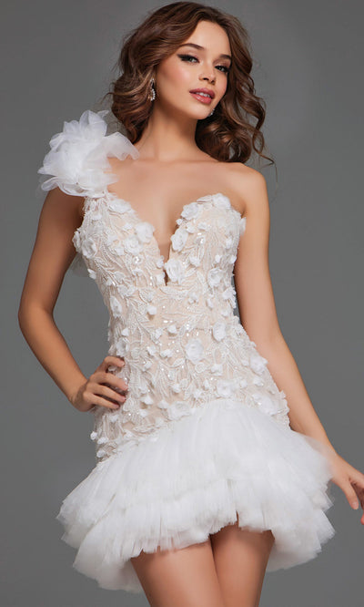 Floral Applique Ruffled One Shoulder Dress by Jovani