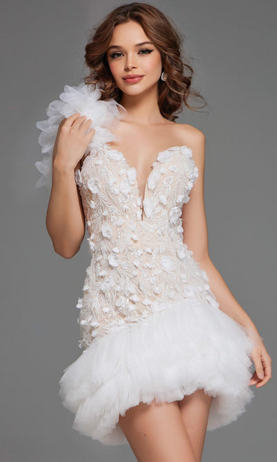 Floral Applique Ruffled One Shoulder Dress by Jovani