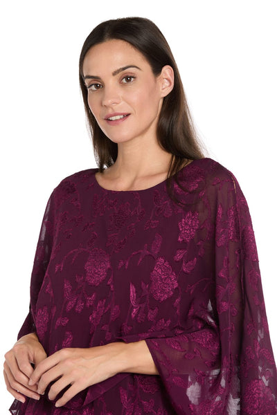 Poncho Jumpsuit in Rich Wine with Sleeveless, Asymmetrical Neck, and Floral Detail by R&M Richards 4263