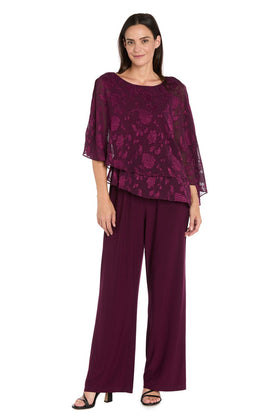 Poncho Jumpsuit in Rich Wine with Sleeveless, Asymmetrical Neck, and Floral Detail by R&M Richards 4263