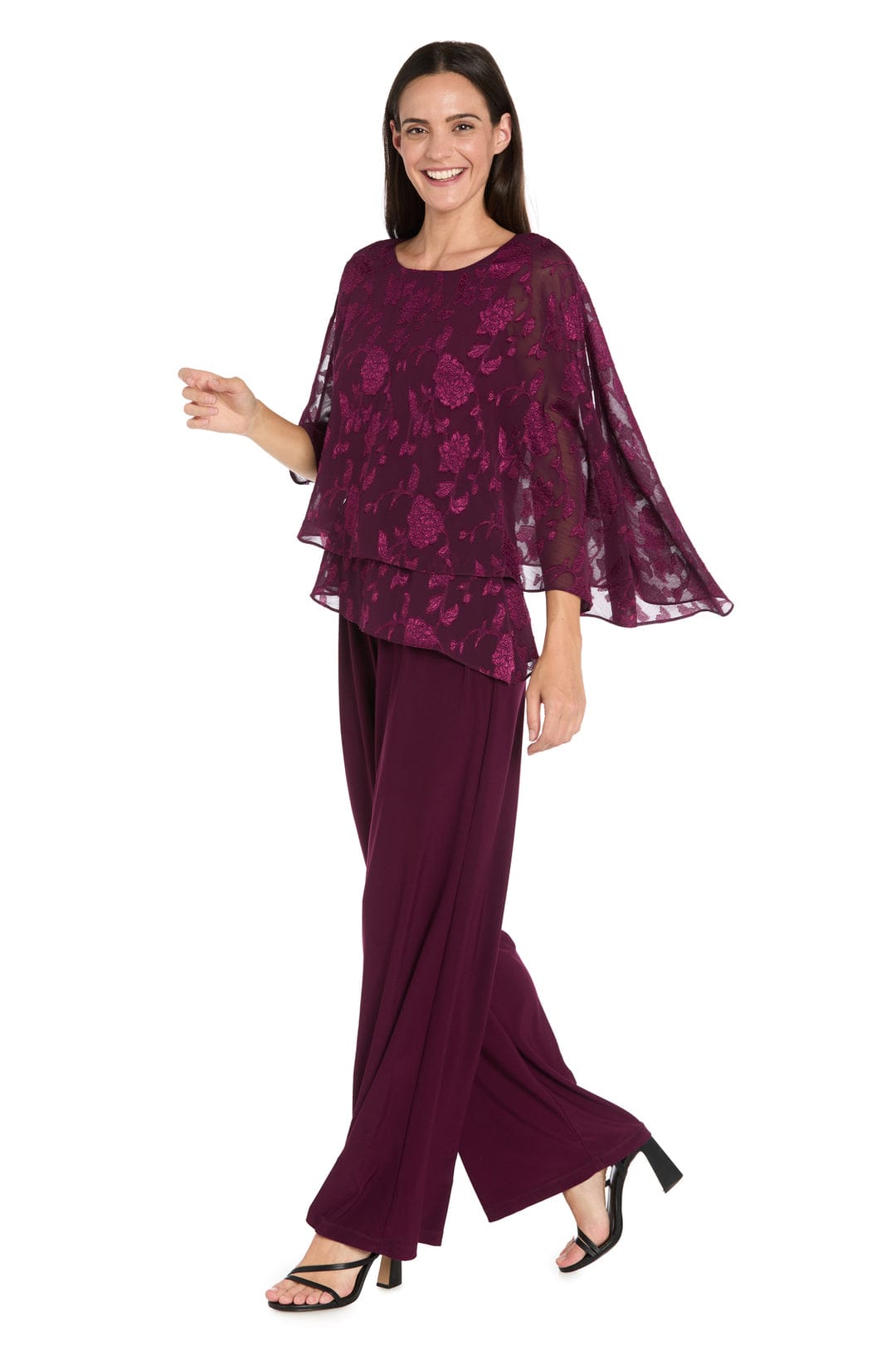 Poncho Jumpsuit in Rich Wine with Sleeveless, Asymmetrical Neck, and Floral Detail by R&M Richards 4263