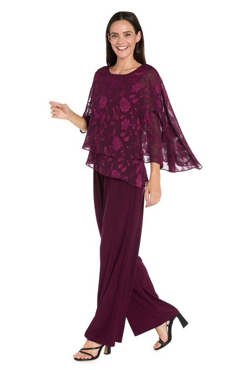 Poncho Jumpsuit in Rich Wine with Sleeveless, Asymmetrical Neck, and Floral Detail by R&M Richards 4263