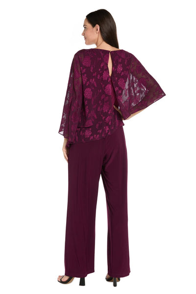 Poncho Jumpsuit in Rich Wine with Sleeveless, Asymmetrical Neck, and Floral Detail by R&M Richards 4263