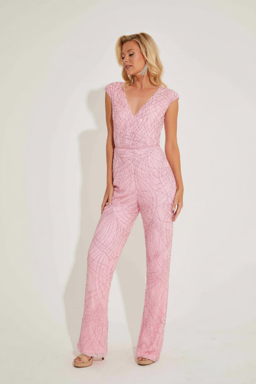 Jumpsuit Sequin Beaded Formal Pant Suit Pink
