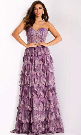 Embroidered Strapless Tiered Ruffle Gown in Purple Jovani 42793