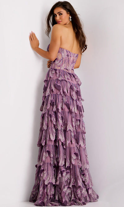 Embroidered Strapless Tiered Ruffle Gown in Purple