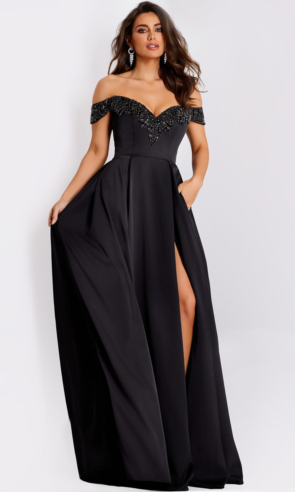 Satin Off Shoulder Pleated Gown Jovani 42849