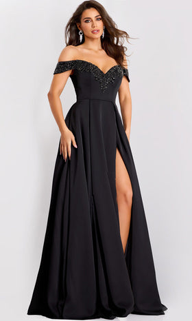 Satin Off Shoulder Pleated Gown Jovani 42849