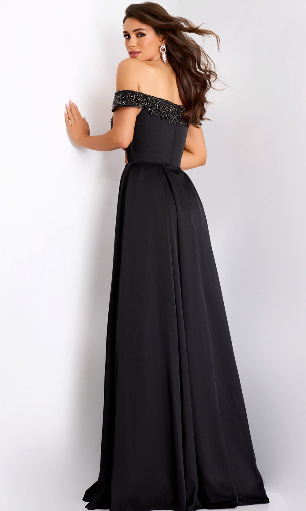 Satin Off Shoulder Pleated Gown Jovani 42849