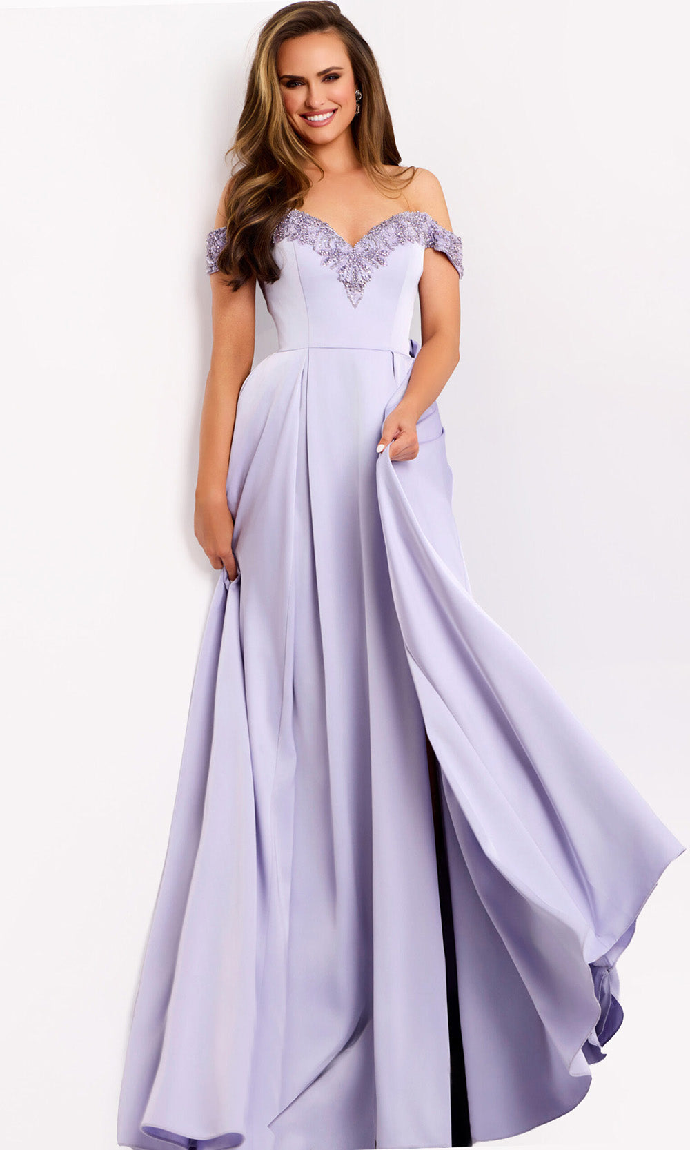 Satin Off Shoulder Pleated Gown Jovani 42849