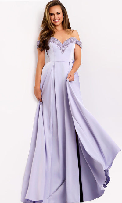 Satin Off Shoulder Pleated Gown Jovani 42849