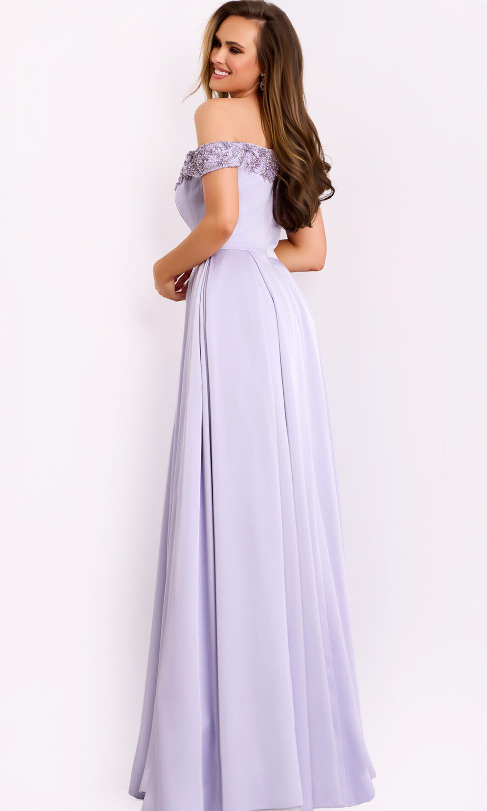 Satin Off Shoulder Pleated Gown Jovani 42849
