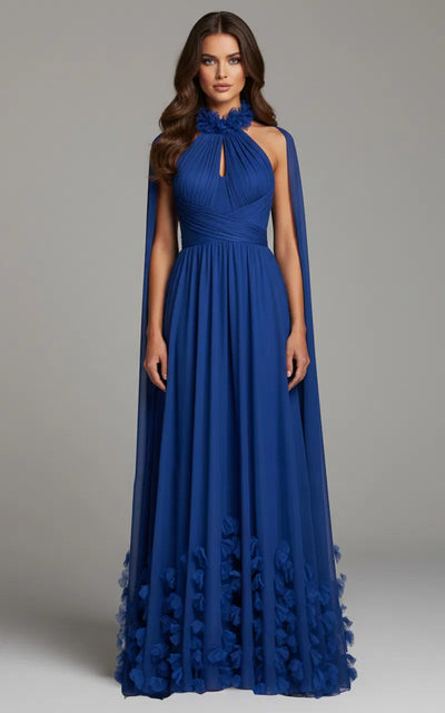 Halter Neck Chiffon Gown with Cape Back Floral Appliqué & High Slit Formal Dress by Jovani 42861