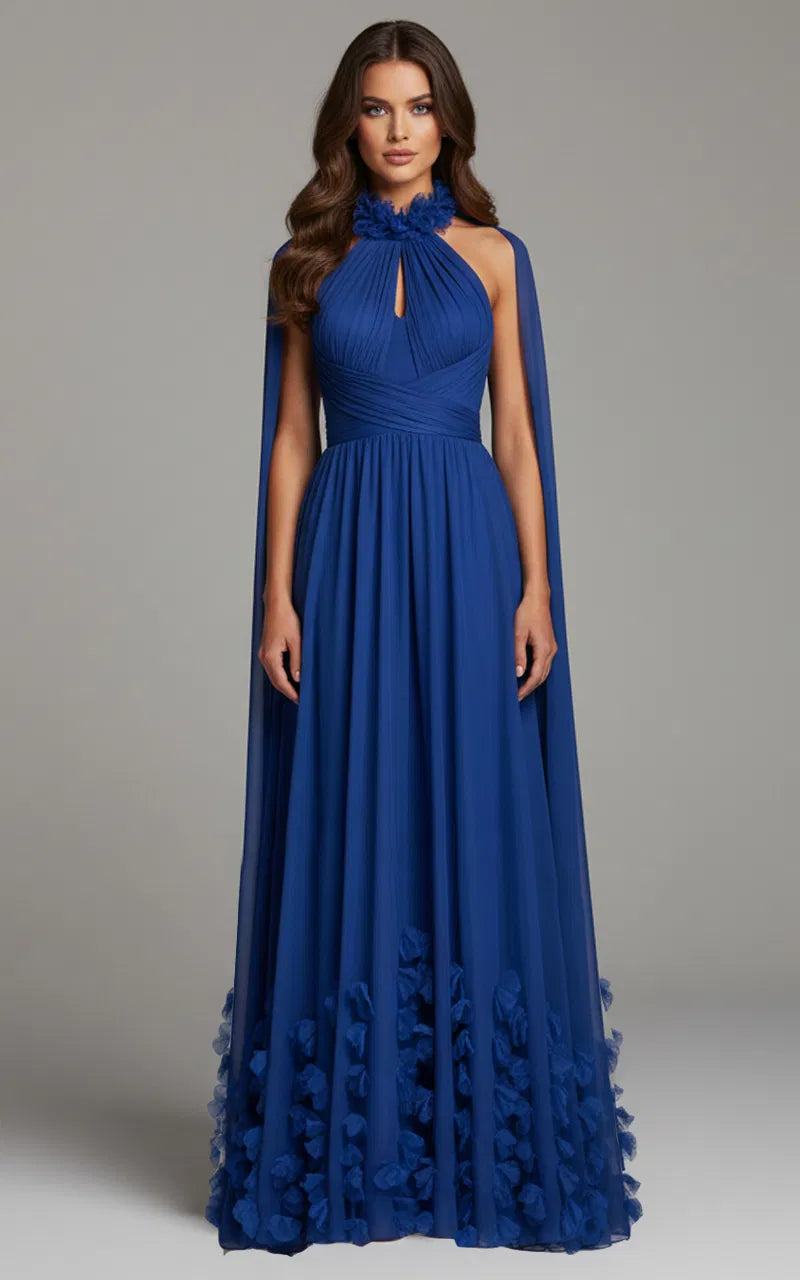 Halter Neck Chiffon Gown with Cape Back Floral Appliqué & High Slit Formal Dress by Jovani 42861
