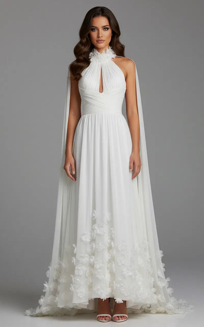 Halter Neck Chiffon Gown with Cape Back Floral Appliqué & High Slit Formal Dress by Jovani 42861