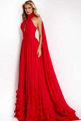 Halter Neck Chiffon Gown with Cape Back Floral Appliqué & High Slit Formal Dress by Jovani 42861
