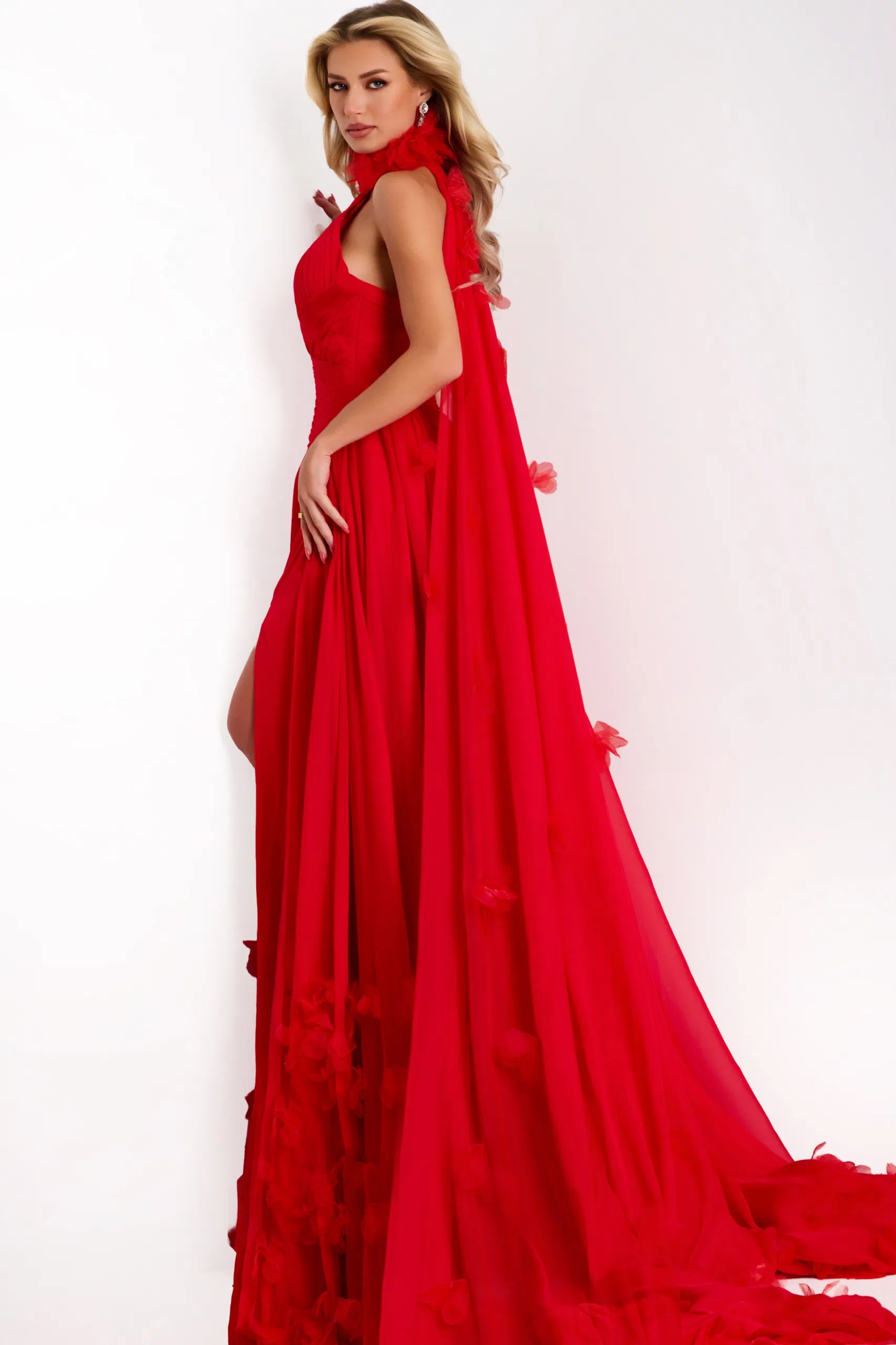Halter Neck Chiffon Gown with Cape Back Floral Appliqué & High Slit Formal Dress by Jovani 42861