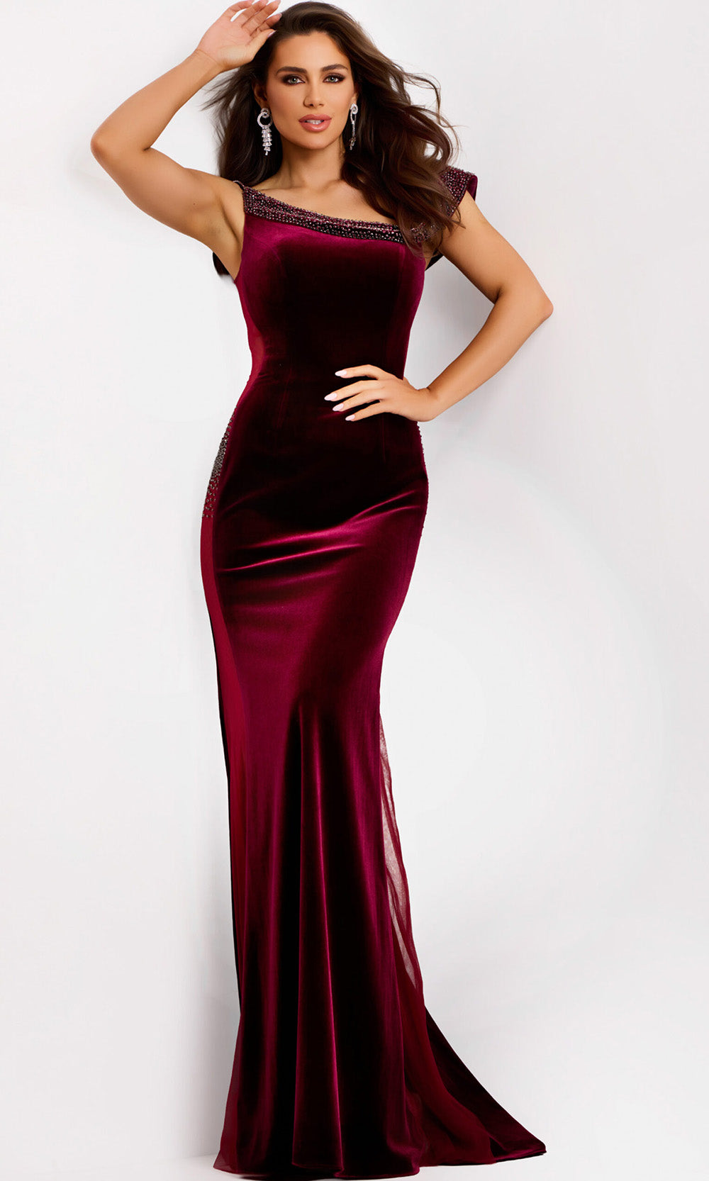 Velvet Beaded Asymmetric Gown by Jovani