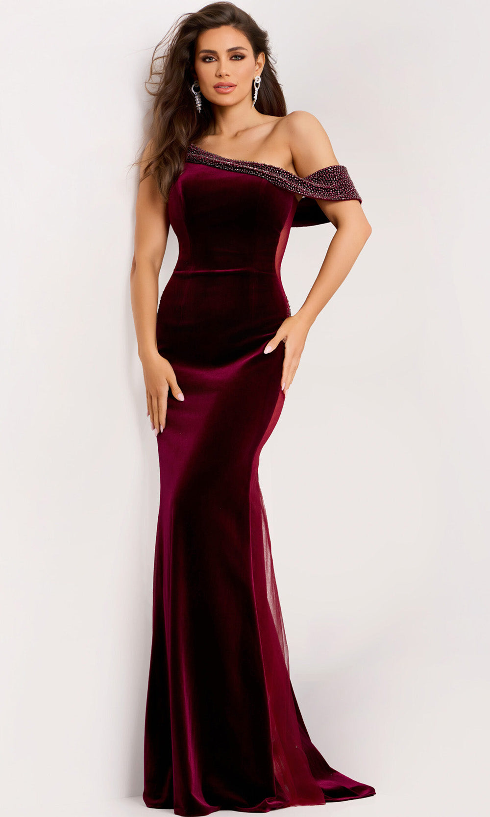 Velvet Beaded Asymmetric Gown by Jovani